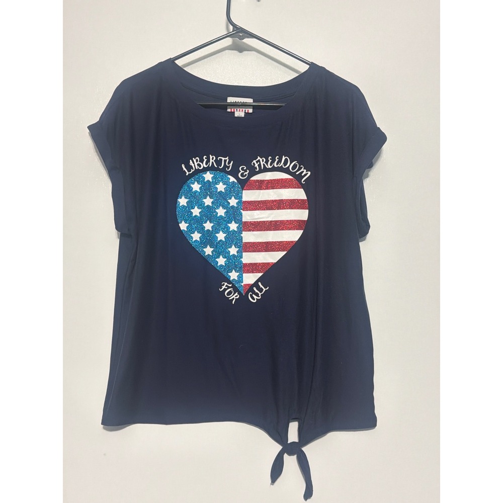 Liberty Park Womens Navy Blue Patriotic Glitter Heart Tie Front Top Large